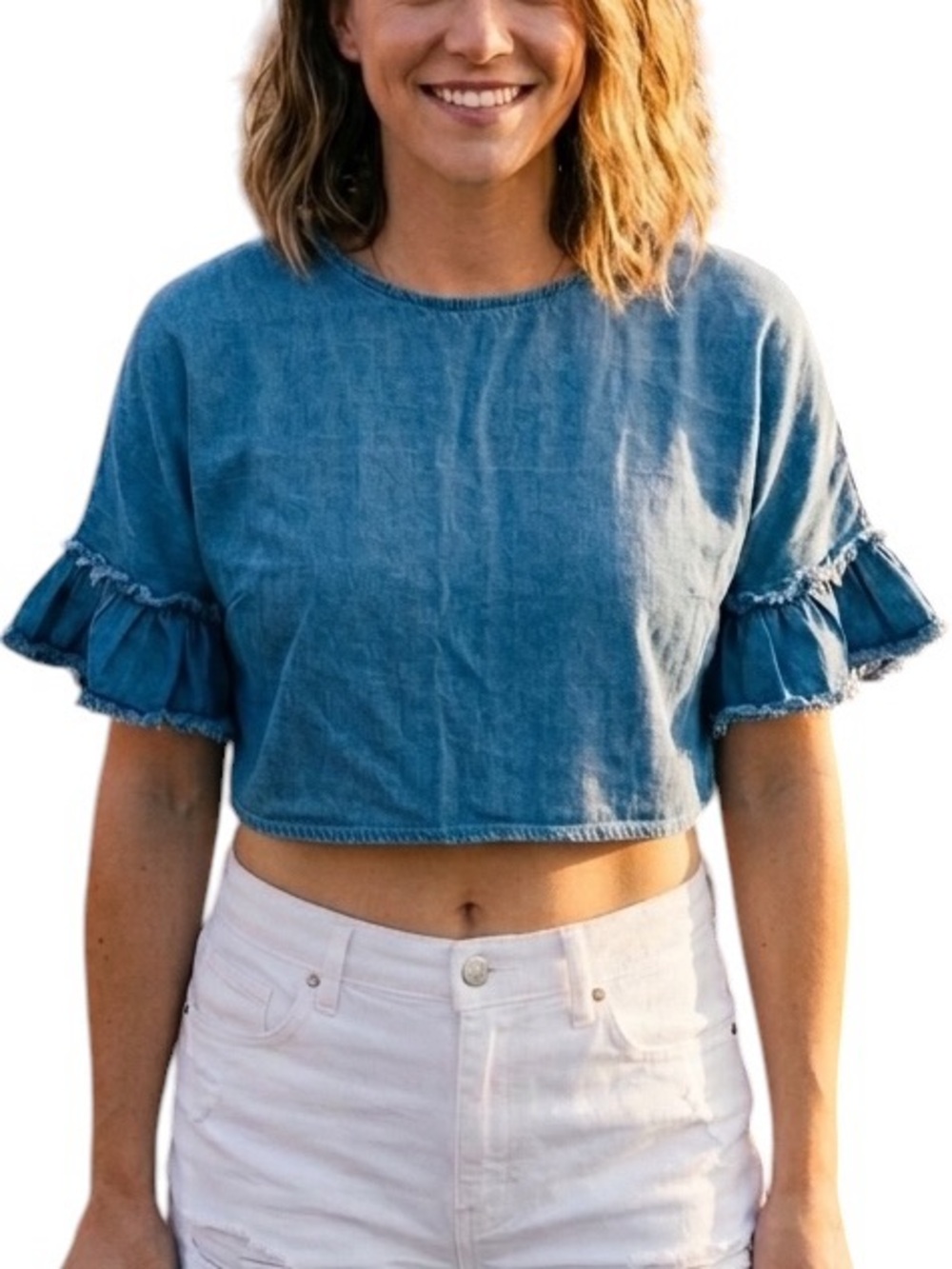COUPE COLLECTION Denim Jean Crop Top Frilly Bell Sleeves Ruffle Y2K Size Medium